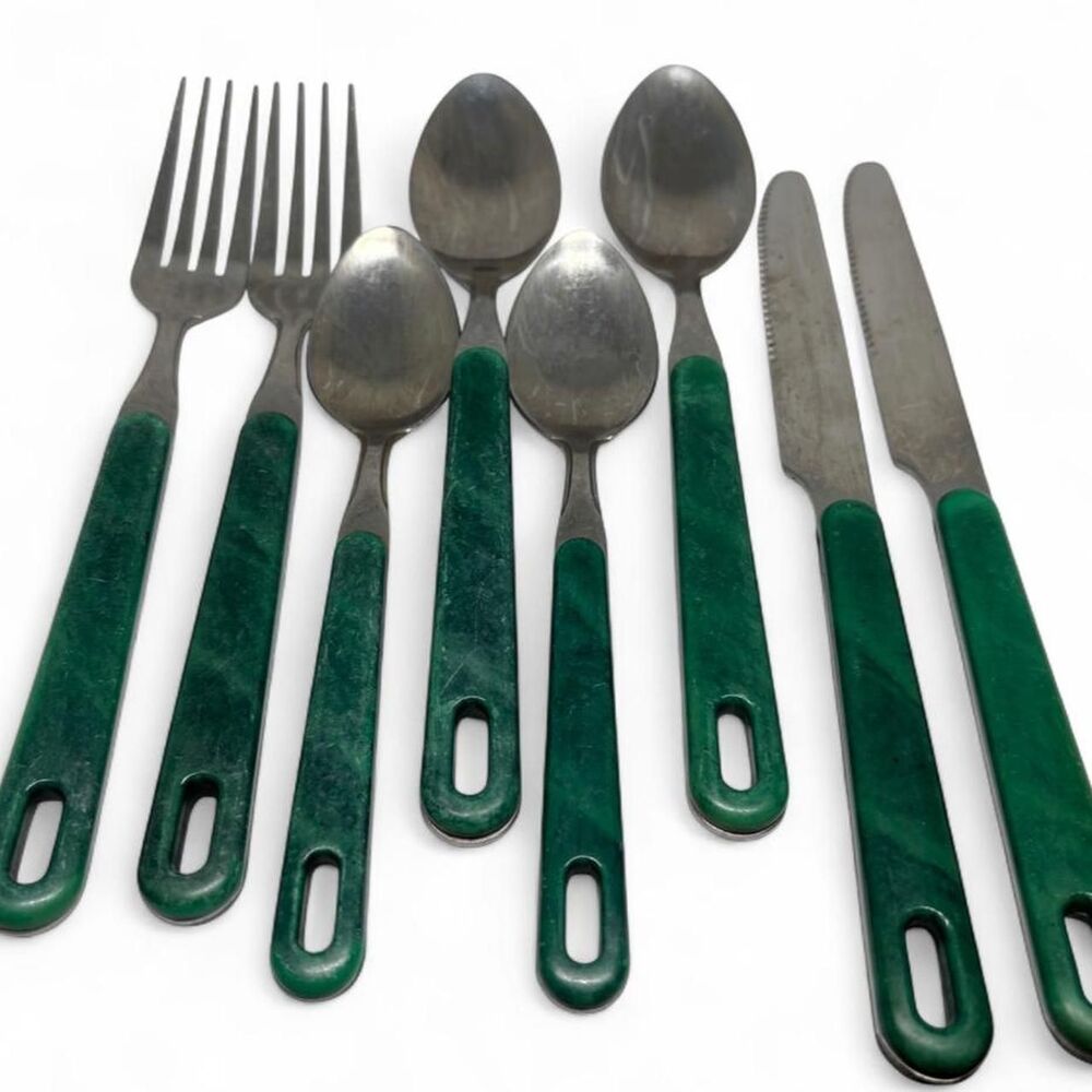 Vintage Retro Green Marbled Handle Flatware Set 8 Pc. Full Tang Stainless Steel
